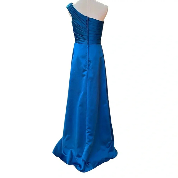 Mori Lee by Madeline Gardner NWT Blue Satin One-Shoulder Gown w/Ruched Bodice S6 - Picture 8 of 12